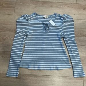 NWT Anthropologie Porridge Puff Sleeve Tie Front Top Blue White Stripe Size XL